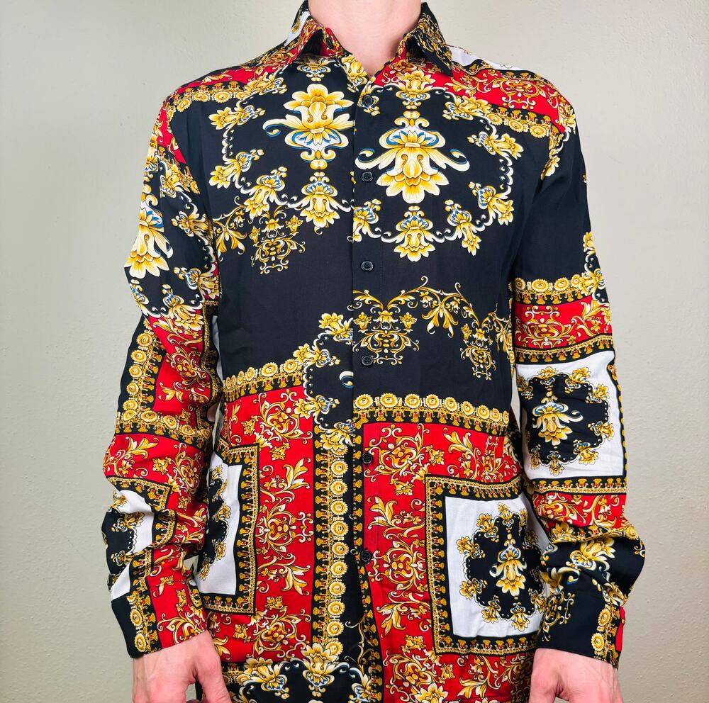 Forever 21 Floral Gold Button Down Long Sleeve Shirt Mens Small Colorful NWOT